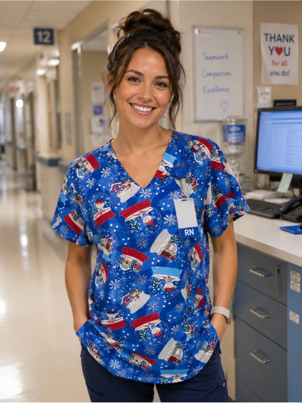 NWT Zoe & Chloe Christmas Snowman Snow Globe Scrub Top | Holiday Nurse Medical